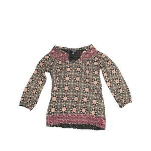 Lucky Brand Top Multicolor Boho Geometric 3/4 Sleeves V-Neck Contrast Thread Wom